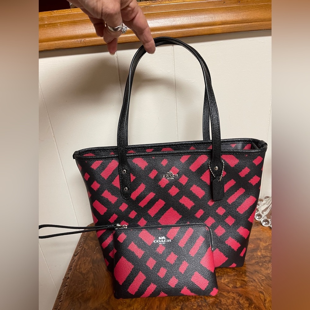 Coach Red Wild Plaid Coated Canvas Leather Trim Mini City Zip Tote Set New